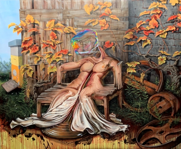 vergessen im fremden Garten, 1.Teil eines Traums, 2022, 180 x 220 cm, Öl Acryl auf Leinen