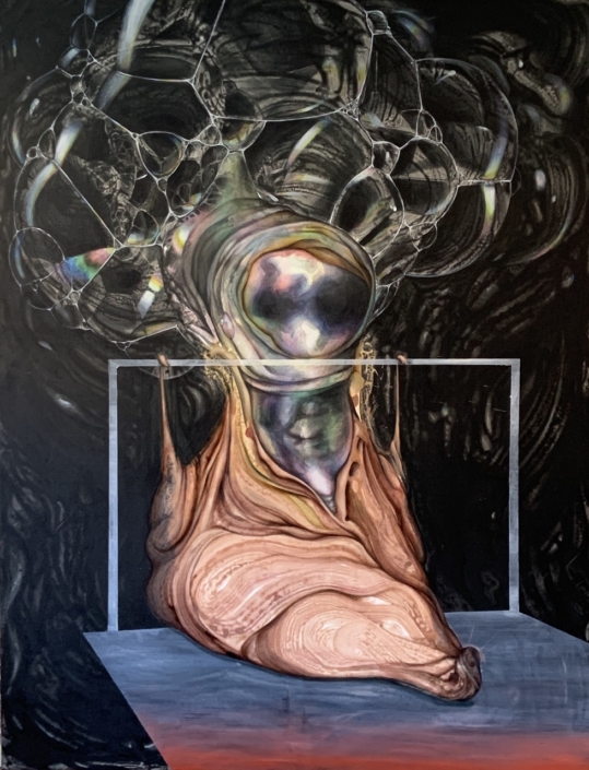 Apparat Exit 4 (Tod meiner Oma), 2019, 180x140cm, Acryl,Öl,Fluoreszenz,Interferenz auf Leinen
