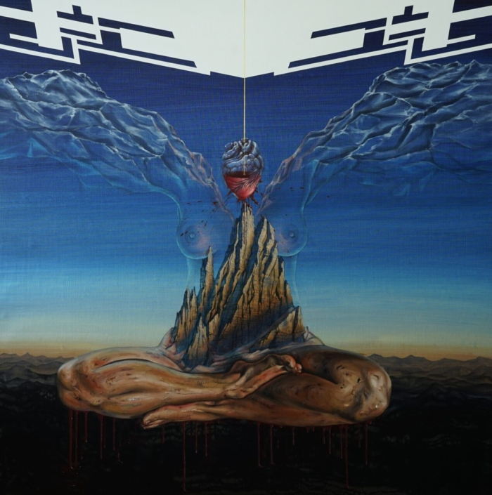 "Berg in mir", 2022, 180 x 180 cm, Öl Acryl Interferenz auf Leinen