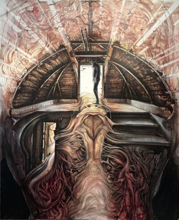 Haupt, 2024, 220 x 180 cm, Öl Acryl phosphoreszierend auf Leinen